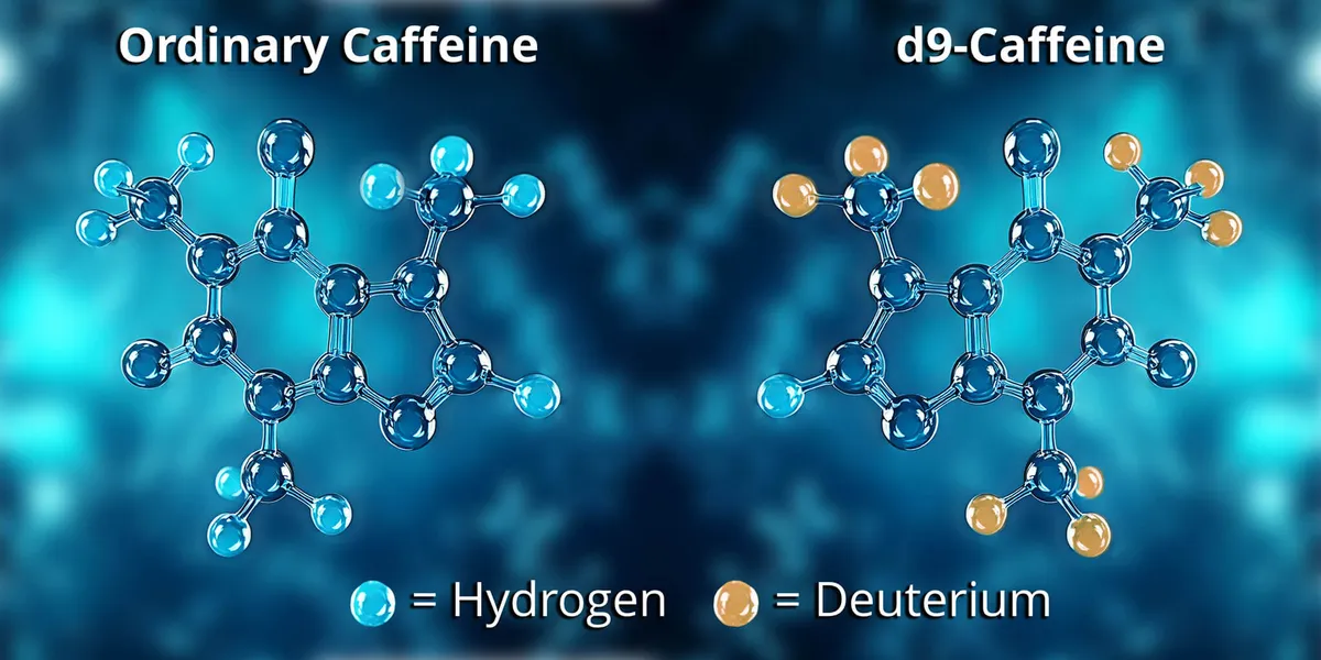 Comparison of ordinary caffeine and d9-caffeine molecules showing deuterium substitution